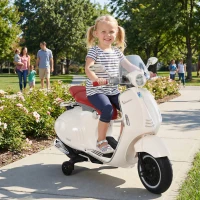 HOMCOM Vespa Scooter Moto électrique Enfants 6 V dim. 108L x 49l x 75H cm Musique klaxon 2 roues auxiliaires, 3-6 ans, Blanc(m-8)