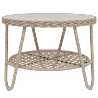 Outsunny Table d'appoint en polyrattan 2 niveaux avec rangement, plateau en verre, pieds réglables 65 x 65 x 50 cm Jaune(m-7)