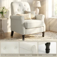 HOMCOM Fauteuil de salon, canapé 1 place avec assise rembourrée épaisse, coussin à ressorts, tissu en lin, 69x75x90cm, crème(m-5)