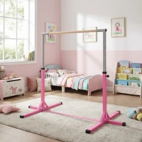 HOMCOM Barre fixe de gymnastique pour enfant, hauteur réglable 13 niveaux de 92-150 cm, en acier et bois en hêtre, barre de gym d'entrainement à domicile, antidérapant, facile à assembler, rose(m-8)