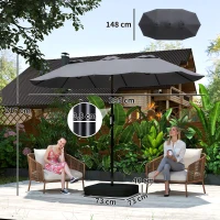 Outsunny Parasol Doble de 12 Varillas con Manivela, Base en Cruz y Sacos, en Metal y Poliéster, 3x1.5 m, Gris Oscuro(m-3)