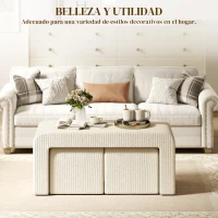 HOMCOM Juego de 3 Bancos Zapateros Grande y 2 Pequeños Modernos de Pana Diseño Compacto Mesa Auxiliar 104x44x48 cm Crema(m-7)