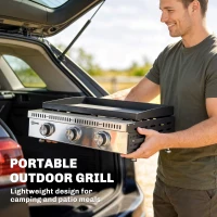 Outsunny Plancha a gás 9 kW 3 queimadores em aço inoxidável, superfície de cozedura 56,5 x 33 cm, bandeja de recolha de gorduras, preto(m-4)