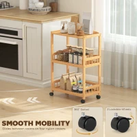 HOMCOM Keukenwagen met 3 niveaus, Serveerwagen met opbergruimte, Keukenrek op wielen, voor keuken, badkamer, kantoor, Natuurlijk hout(m-5)