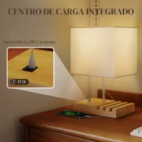 HOMCOM Lámpara de Mesa con Puertos USB-A/C Tres Ranuras para Teléfonos Base de Madera y Pantalla de Tela Blanco(m-4)