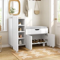 Scarpiera moderna a 3 ante con cassetto e seduta imbottita, 90x35x74.5 cm, Bianco(m-5)