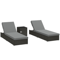 Outsunny Set 2 Tumbonas de Jardín en Ratán con Mesita Lateral y Respaldo Regulable, 184x60x22 cm, Gris Oscuro