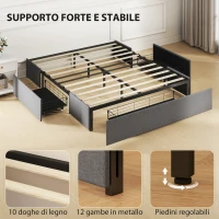HOMCOM Struttura Letto Matrimoniale a Doghe con 3 Cassetti, in Legno, Poliestere e Metallo, 165x193x30 cm, Grigio(m-4)