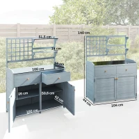 Outsunny Mesa de plantación con armario inferior exterior Armario de jardín de madera con superficie galvanizada 2 cajones 104x44x140 cm Gris claro(m-3)
