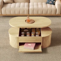 Table basse relevable avec étagère extensible et plateau de table réglable, Table basse avec côtés en bois courbés, 110x55,5x40 cm, Couleur naturelle(m-4)