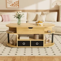 Table basse relevable, espace de rangement et tiroirs en tissu noir, 105x50x45 cm, Couleur naturelle(m-4)