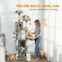 PawHut Cat Tree, 192 cm Large Multi-Level Cat Tower for Indoor Kittens with 8 Scratching Posts, 3 Plush Beds, 2 Hammocks(m-4)