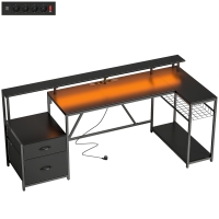 HOMCOM Escritorio Gaming Esquinero con Hub de Carga, Luces LED y Soporte para Monitor, en Madera y Acero, 192.5x80x86.5 cm, Negro