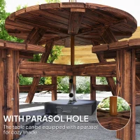 Outsunny Wooden Garden Dining Set, 8 Seater Patio Furniture Set with Round Picnic Table, Parasol Hole for Outdoor Garden, Tan(m-4)