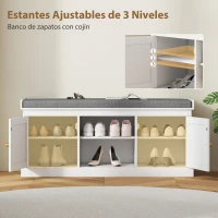 HOMCOM Banco Zapatero con Puertas Frentes de Ratán Estantes Ajustables y Abiertos para Entrada Dormitorio 105x35x47 cm Blanco(m-7)