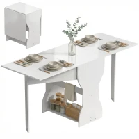 HOMCOM Mesa de comedor plegable Mesa de cocina con almacenamiento para 2-4 personas Mesa plegable para espacios pequeños Comedor 160 x 60 x 75 cm Blanco(m-6)