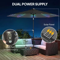Outsunny 3 m Garden Parasol Umbrella with 112 Solar Powered LED Lights, Patio Umbrella with Crank Handle, Grey(m-5)