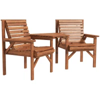 Outsunny Set bistró 3 piezas de madera resistente al clima, conjunto de muebles de jardín con diseño de listones, orificio para parasol, Carbonizado(m-1)