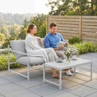 Outsunny 2-teiliges Garten-Set, Sofa mit Kissen, Couchtisch mit 3D-marmorierter gehärteter Glasplatte, 125x80x64cm, Hellgrau(m-5)