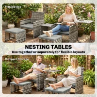 Outsunny 6 Piece Rattan Garden Furniture, Space-Saving Patio Furniture Set with Nesting Tables, Chairs, Stools, Cushions, Grey(m-5)
