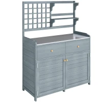 Outsunny Masă de plantat cu dulap inferior pentru exterior, dulap de grădină din lemn cu blat galvanizat, 2 sertare 104x44x140 cm Gri deschis(m-1)