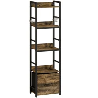 HOMCOM 4-Tier Bookcase, Slim Storage Shelf with Drawer, 8 Hooks, , 39 x 26 x 136.5 cm, Rustic Brown(m-1)