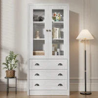 Mobile alto effetto legno a 3 cassetti con ante in vetro e maniglie in rame, 80x34x171 cm, Bianco(m-1)