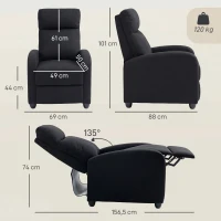 HOMCOM Relaxsessel, verstellbar 135°, ausziehbare Fußstütze, gepolsterte Lehnen, Leinen-Polyester, Schwarz(m-3)