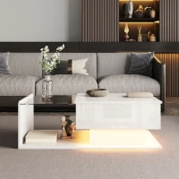 Tavolino da salotto regolabile in altezza, con piano in vetro e striscia LED, 100x50x33-47.5 cm, Bianco(m-1)