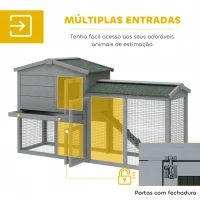 PawHut Coelheira de Madeira de 2 Níveis com Telhado Asfáltico Bandeja Removível e Escada para Exterior 150x45x85 cm Cinzento(m-5)