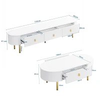 Set mobile TV e tavolino da caffè per soggiorno con cassetti e angoli arrotondati, Bianco e Oro(m-3)