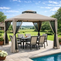 Outsunny Outdoor Gazebo, 2-tier Roof W/Netting, 295L x 295W x 263Hcm-Taupe(m-2)