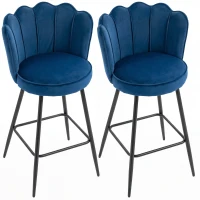 HOMCOM Set of Two Velvet-Feel Lotus Bar Stools - Dark Blue(m-10)