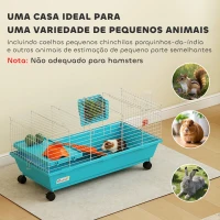 PawHut Gaiola para Animais Pequenos com Rodas Garrafa Comedouro Dispensador de Feno para Coelhos e Porquinhos da Índia 89x44x43 cm Azul(m-4)