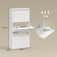 HOMCOM Armário de sapatos em metal com 3 compartimentos basculantes, armário estreito para sapatos, montado na parede, para 6 pares de sapatos, branco(m-3)