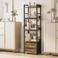 HOMCOM 4-Tier Bookcase, Slim Storage Shelf with Drawer, 8 Hooks, , 39 x 26 x 136.5 cm, Rustic Brown(m-4)