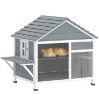 PawHut Maison pour Chat Extérieur Toit Ouvrant Fenêtre Panoramique Porte à Lamelles et Plateforme de Repos 101x72,5x81cm Gris(m-11)