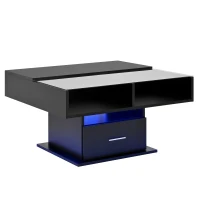 Tavolino da salotto regolabile e lucido con piano rialzabile e illuminazione LED, 78x78x45.5 cm, Nero(m-9)