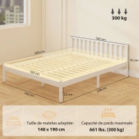 HOMCOM Estructura de cama de madera maciza 160x200cm cama individual con cabecero y somier de lamas sólido para niños y adultos(m-3)