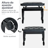HOMCOM Banco de Piano Altura Ajustável Assento de Couro Sintético Pernas em Madeira 64x35x55 cm Preto(m-4)
