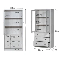 Mobile alto effetto legno a 3 cassetti con ante in vetro e maniglie in rame, 80x34x171 cm, Bianco(m-3)