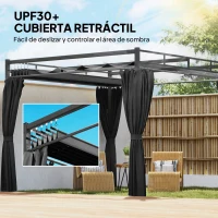 Outsunny Pérgola de Jardín 3x3 m con Techo Retráctil y Cortinas Protección UV30+ Estructura Metálica para Patio Terraza Gris(m-4)