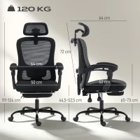 HOMCOM Silla de oficina ergonómica, sillón de malla con reposacabezas ajustable, soporte lumbar, 64x64x124cm, negro(m-3)