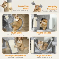 PawHut Cat Tree, 192 cm Large Multi-Level Cat Tower for Indoor Kittens with 8 Scratching Posts, 3 Plush Beds, 2 Hammocks(m-5)