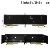 Mobile TV moderno con maniglie e gambe dorate, piedini regolabili, 160x38x44.5 cm, Nero(m-3)
