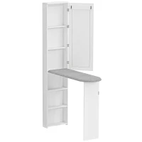 HOMCOM Opvouwbare Strijkplankkast met Deur, Interne Planken, Spiegel, Ruimtebesparende Strijktafel voor Wasverzorging, 106x35x174 cm, Wit(m-1)