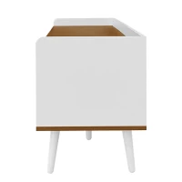 Meuble TV à 3 portes, pieds en bois et rebord surélevé, 160x39x49,5 cm, Couleur naturelle+Blanc(m-10)