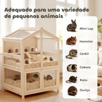 PawHut Gaiola para Hamster de Madeira de 3 Níveis com Bebedouros Casotas Baloiços Bandeja Amovível e Tampas Rebatíveis Natural(m-9)
