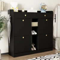 Mobile scarpiera con 4 ante a ribalta, 2 cassetti e 3 ripiani aperti, 110x26x100 cm, Nero(m-6)