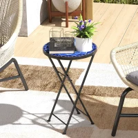Outsunny Mosaic Outdoor Garden Table, 35.5cm Round Folding Coffee Table with Metal Frame for Balcony Terrace, Navy Blue(m-2)